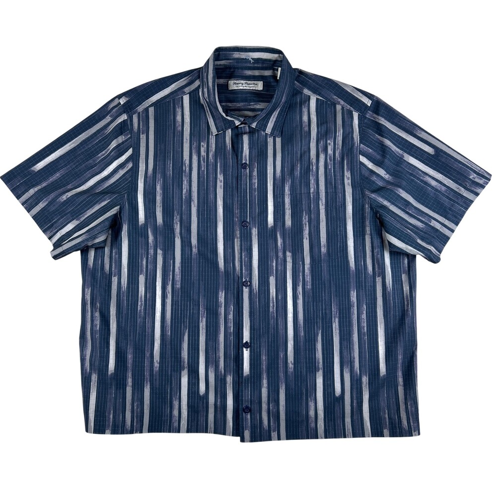 Tommy Bahama Bahama Coast Shirt Mens Large Blue Stripe Short Sleeve Stretch